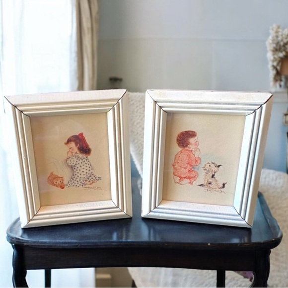 VINTAGE Prints - Little Girl & Boy Saying Bedtime Prayers - Nursery - Picture 1 of 8